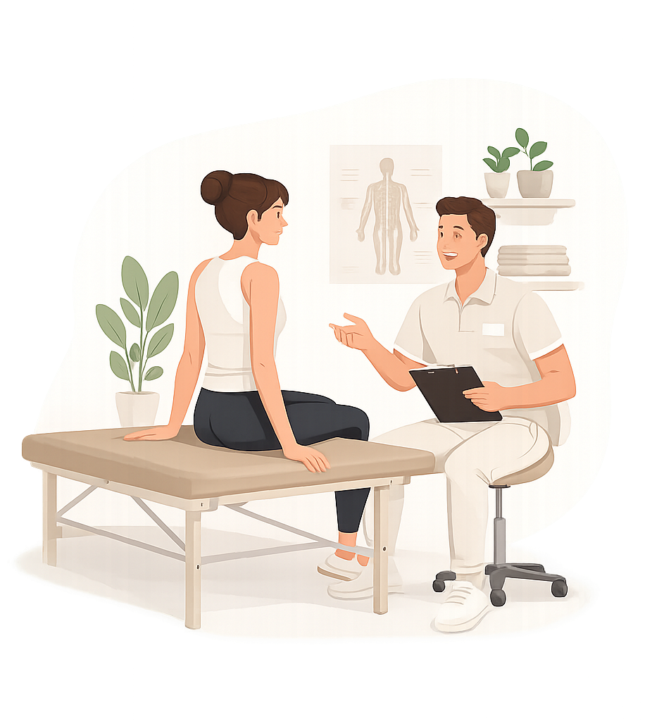 Physiotherapeut erklärt einer Patientin den Ablauf einer Manuellen Therapie während eines Beratungsgesprächs in der Praxis.