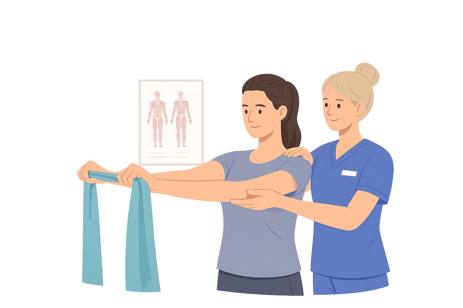 Physiotherapeutin unterstützt eine Patienin bei einer Behandlung zur Verbesserung der Körperhaltung.